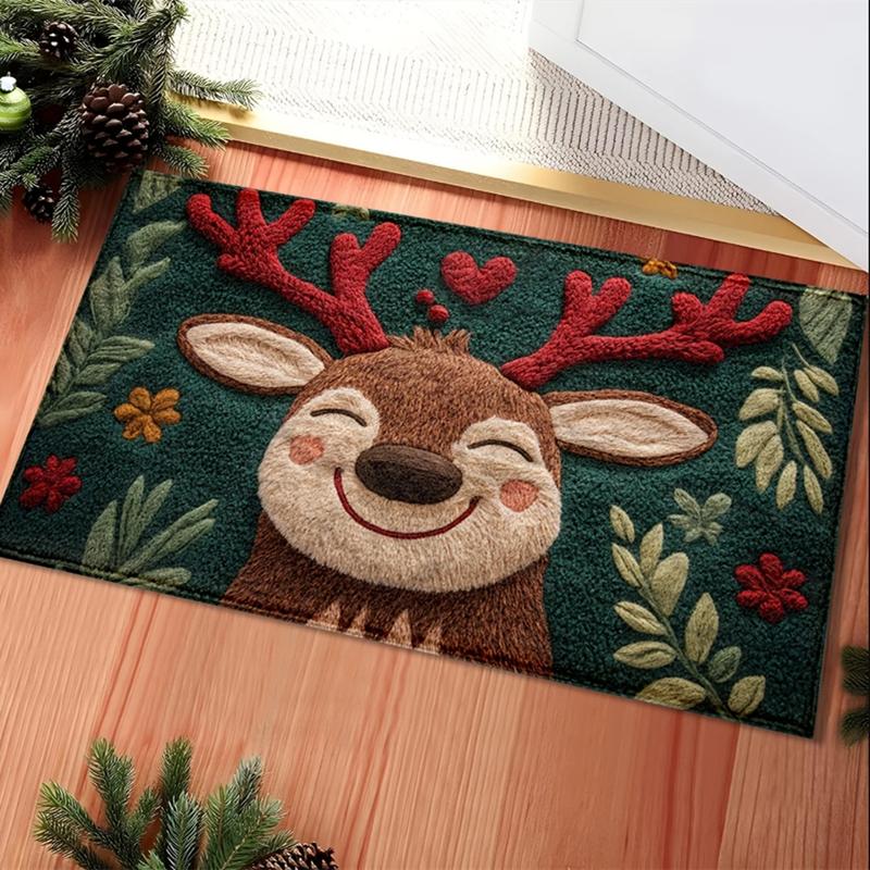 Fluffy Christmas Deer Microfiber Bath Mat - Quick-Dry & Absorbent, Festive Holiday Design with Red Berries & Green Leaves