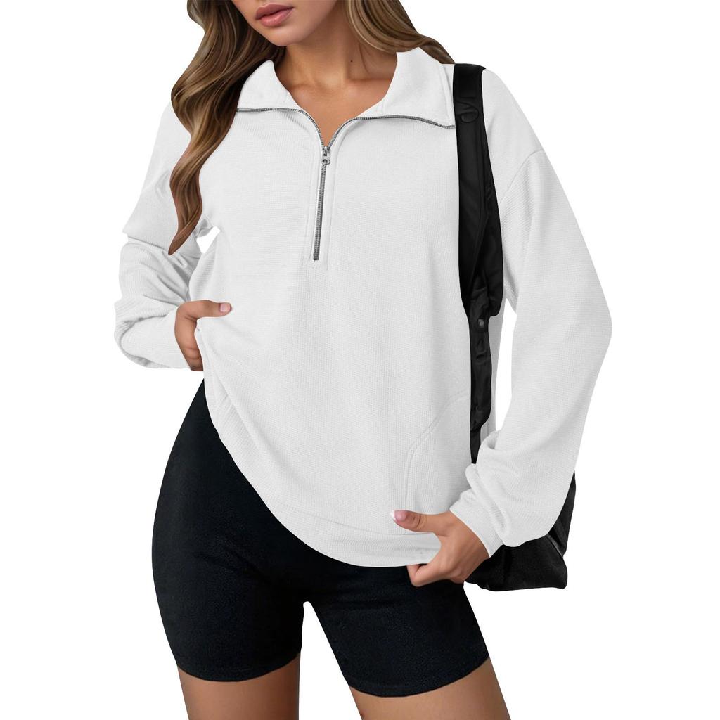 Women's Fashion Solid Color Zipper Lapel Solid Color Casual Sweatshirt Loose