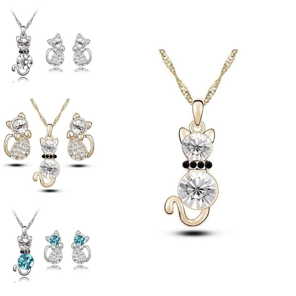 Crystal Cat 3pcs Shaped Necklace Earrings Jewelry Set  Gift Teen Girls Women For