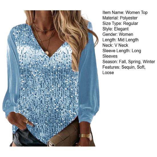 Осень-весна женский топ с блестящими пайетками и v-образным вырезом с длинными рукавами в стиле пэчворк, свободный пуловер, мягкий дышащий средней длины, женская рубашка, блузка