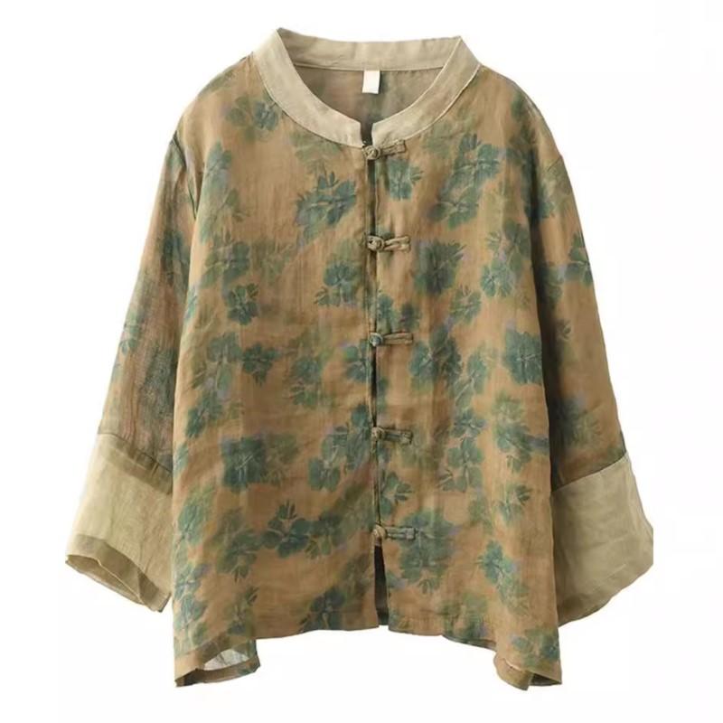 Johnature Women Chinese Style Print Floral Shirts Button Seven Sleeve Tops Summer Stand Vintage Women Blouses