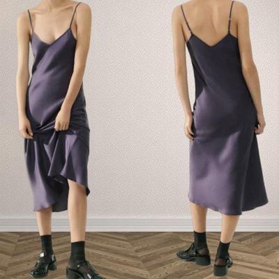Платье из шелка Mulberry, фиолетовое платье средней длины, облегающий летний сарафан с V-образным вырезом, шелковая юбка на подтяжках цвета песочного цвета