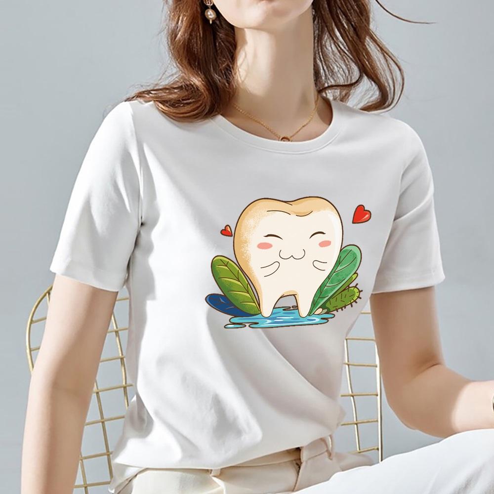 Женская футболка с милым рисунком зубов в стиле Харадзюку, футболка с круглым вырезом, белая уличная классическая универсальная футболка с коротким рукавом 2022