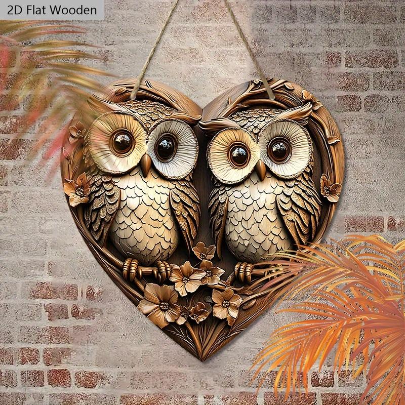 Vintage Couple Owl Wooden Sign with Heart-shaped, Love Ornament for Front Door Wall Hanging Decor, Ideal Home Ornament