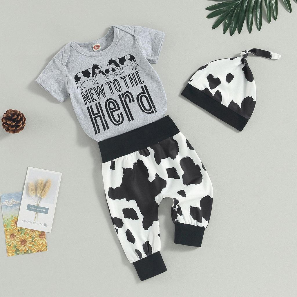 Newborn Baby Boy Girl Clothes Cow Print Romper Bodysuit and Pants with Hat/Headband 3Pcs Western Coming Home Outfits