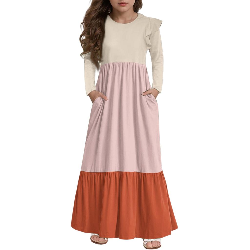Girls' Tiered Ruffle Dress - Long Sleeve Printed Maxi With Pockets