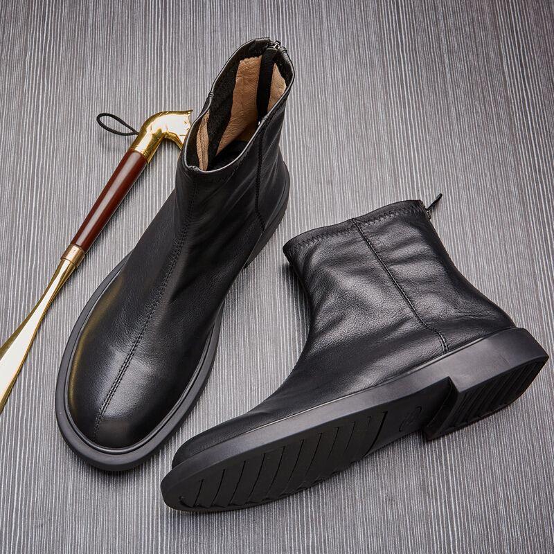 Men's Genuine Leather Martin Mid-Cut Casual Boots with Velvet Lining - Trendy All-Match Design for Spring and Autumn