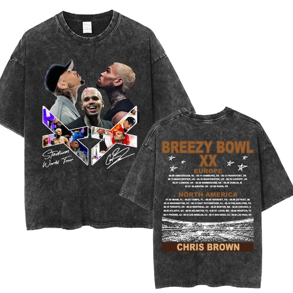 Chris Brown Breezy Bowl XX Concert Tour Washed T Shirts Vintage Hip Hop Gothic T Shirt Mens Oversized Cotton Tshirt Streetwear