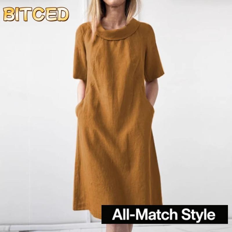 BITCED Модные летние весенние однотонные принтованные платья с коротким рукавом и круглым вырезом