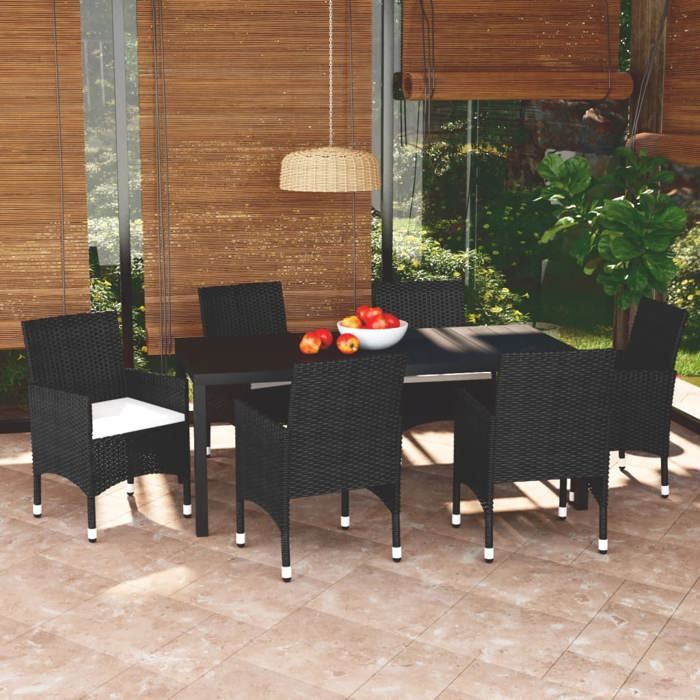 Ensemble de jardin - MAISON EXCLUSIVE - 7 pièces - Résine tressée noire - Coussins rembourrés - Plateau WPC