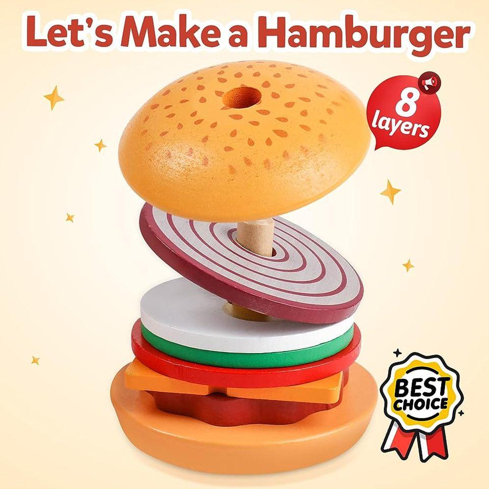 Montessori Wooden Hamburger Sandwich Stacking Toy for Toddler Preschool Educational Fine Motor Skill Kitchen Pretend Play Food