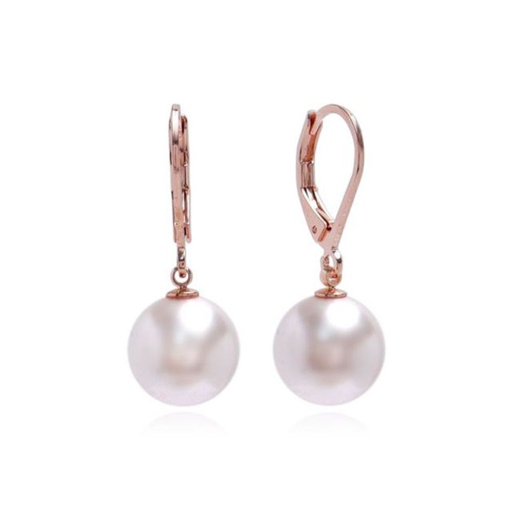 E465 10mm White Pearl Rose Gold Leverback Earrings