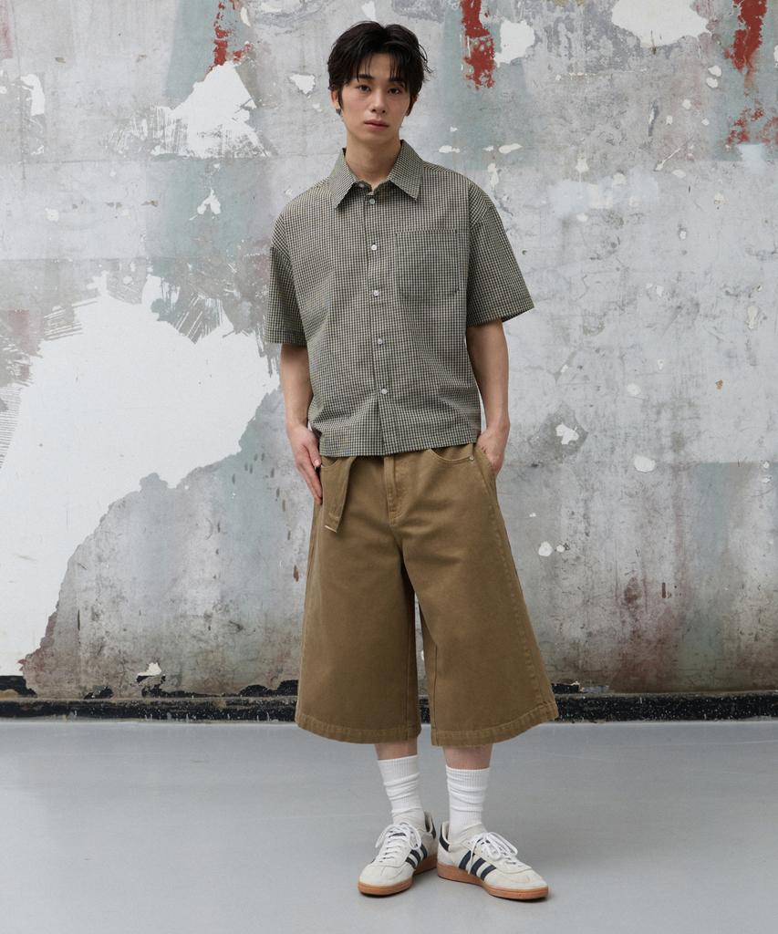 AGOD Crop Half Check Shirt [Khaki]