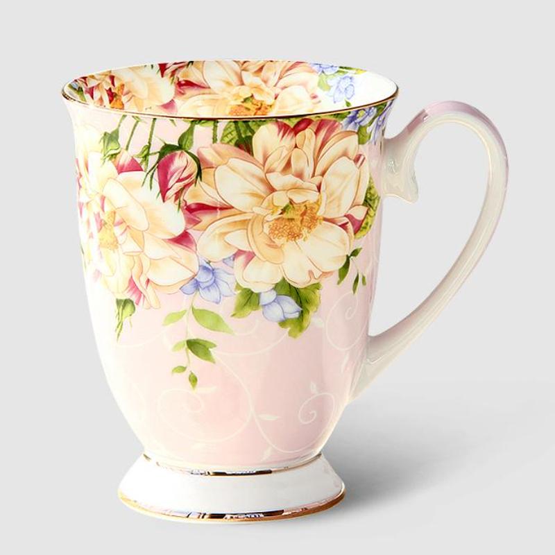 300 мл Кофейные кружки из костяного фарфора - Сине-розовые Элегантные Цветочные Кружки для Чая с Золотой Отделкой, Керамическая Чашка Большой Емкости для… Еще