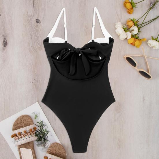 Women Sexy Monokini Patchwork Color Backless One Piece Swimsuit Underwire Support Sling Bathing Suit Beachwear