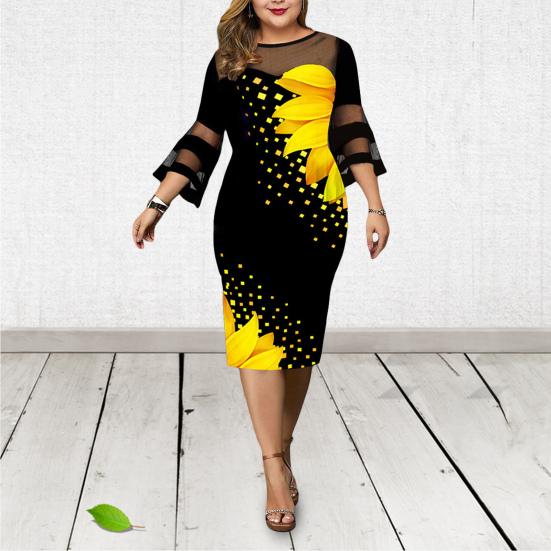 Женские нижние юбки больших размеров, женское платье с цифровым принтом, сетчатое лоскутное элегантное облегающее платье до середины икры с расклешенными рукавами для свадьбы
