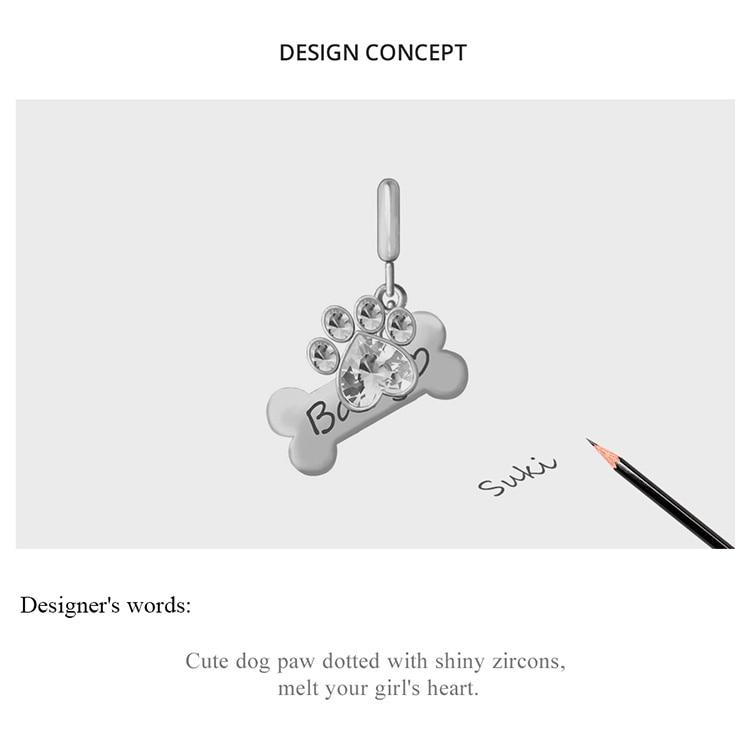 WOSTU Real 925 Sterling Silver Dog Paw Footprint Bead Pink Zircon Bone Charm Fit Original Bracelet Pendant Jewelry
