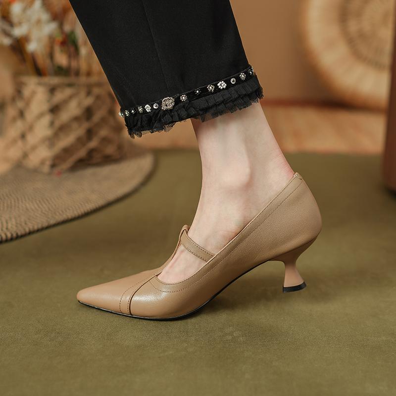 Мода НОВЫЕ Весенне-Осенние Женские Туфли Натуральная Кожа Обувь для Женщин Острый Носок Массивный Каблук Обувь Ретро Мэри Джейн T-образный ремешок Черные Туфли