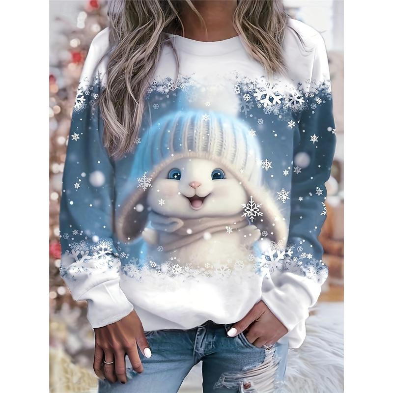 Women's Sweatshirt Long Sleeve Winter Bunny with Hat Graphic Blue Snowflakes Crew Neck Casual Comfortable Holiday Festive Homewear Regular Fi