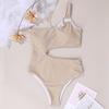 Stylish Women Swimsuit Padded Off Shoulders Bodysuit Pure Color Openwork Bikini Beachwear