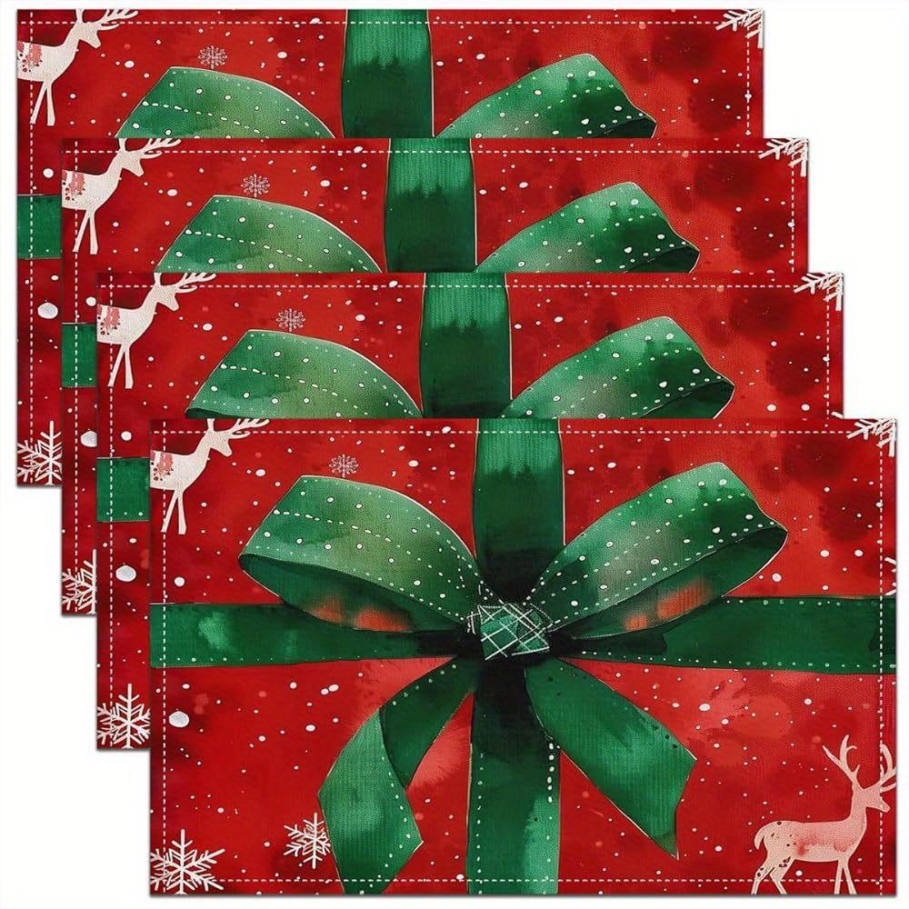 4pc s Festive Christmas Placemats 12x18 In Green Red with Golden Accents, Washable Linen Table Mats for Indoor Outdoor Use
