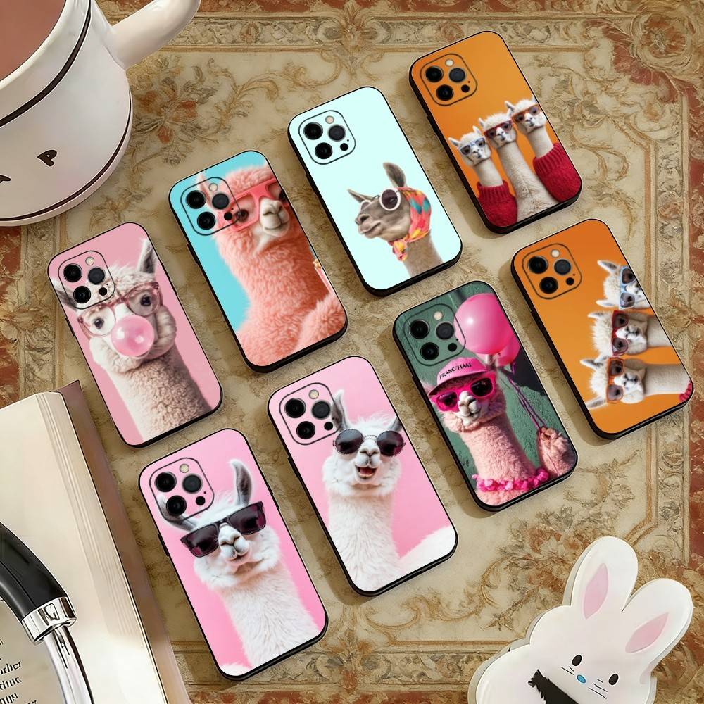 D-Cute Alpaca Phone Case For iPhone 17, 16,15,14,13,12,11 Plus,Pro Max, Others Soft Black Cover