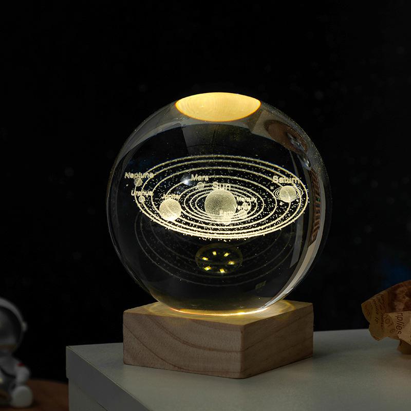 3D Solar System Crystal Ball Night Light with Wooden Base - Luminous Desktop Home Decor & Birthday Gift