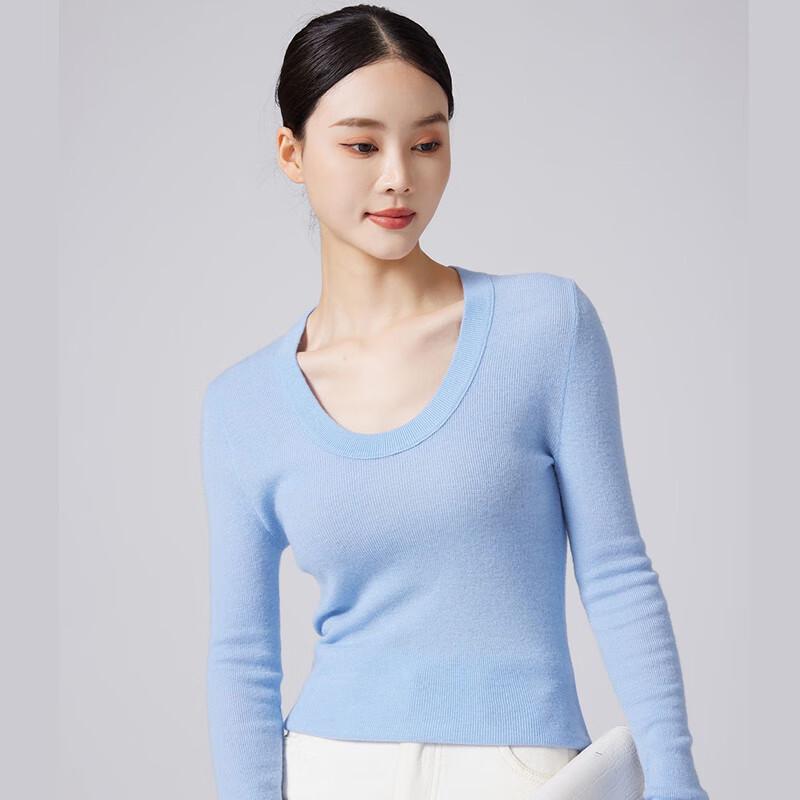 Fengxun Women's 100% Pure Wool Slim Fit Long Sleeve U-Neck Sweater