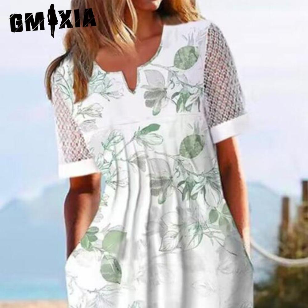 GMXIA Summer Dress with Pockets Anti-Pilling Popular Floral Print Cocktail Tunic Long Streetwear Dressy Outfits
