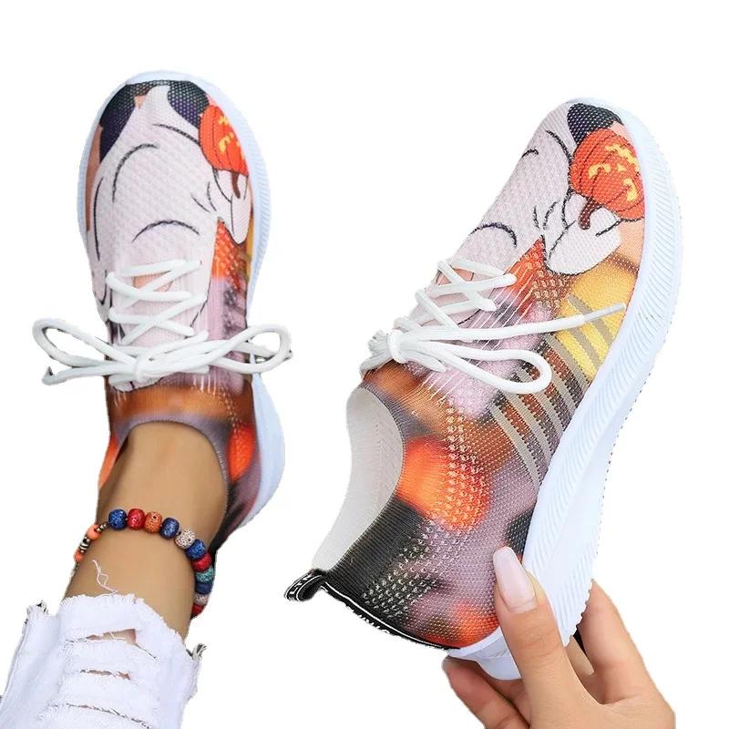 Модные женские кроссовки с принтом и вязанием, осенние новые дышащие сетчатые кроссовки для бега, женские повседневные туфли на плоской подошве, без застежек 20