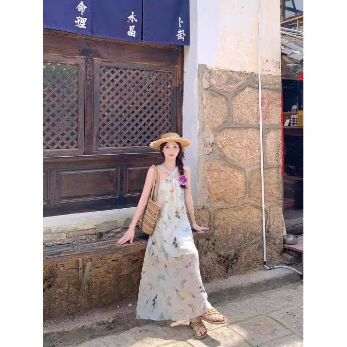 Coffee Break French Gentle Wind Neck Dress Seaside Holiday Design Niche Butterfly Printing Pure Desire Beach Dress