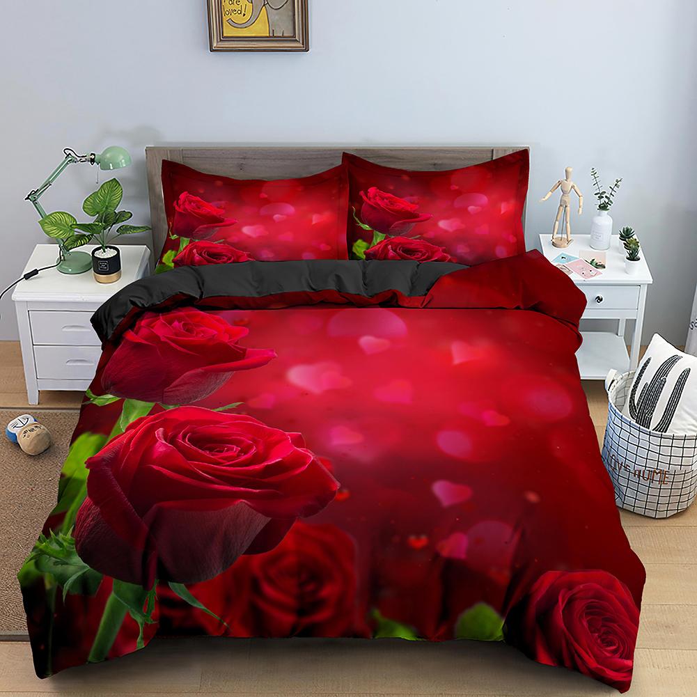 Rose Duvet Cover Set 3D Print Red Flower Comforter Cover Romantic Theme Love Element for Girls Women Kid Polyester Bedding Set