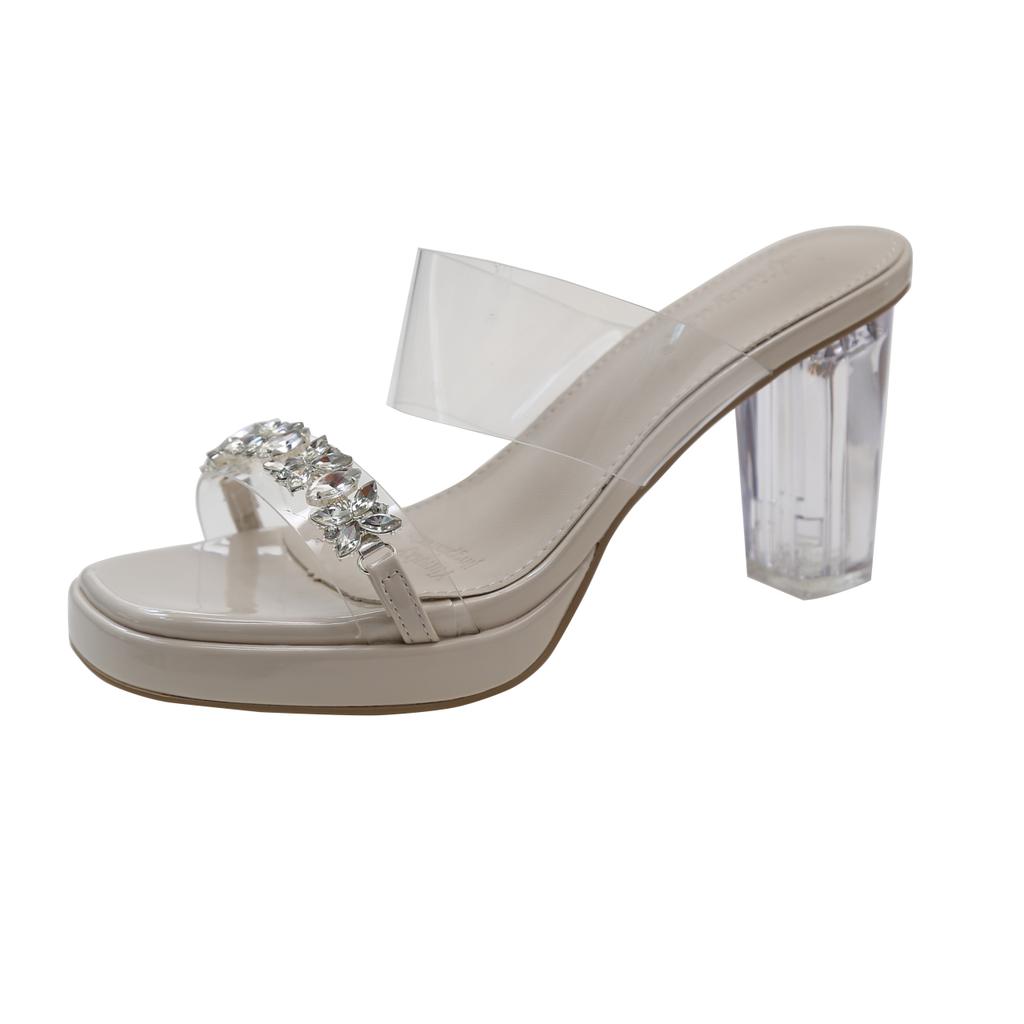 2025 Rhinestone PVC High-heeled Sandals Summer New Silver Transparent European and American Temperament Women's Shoes Slippers