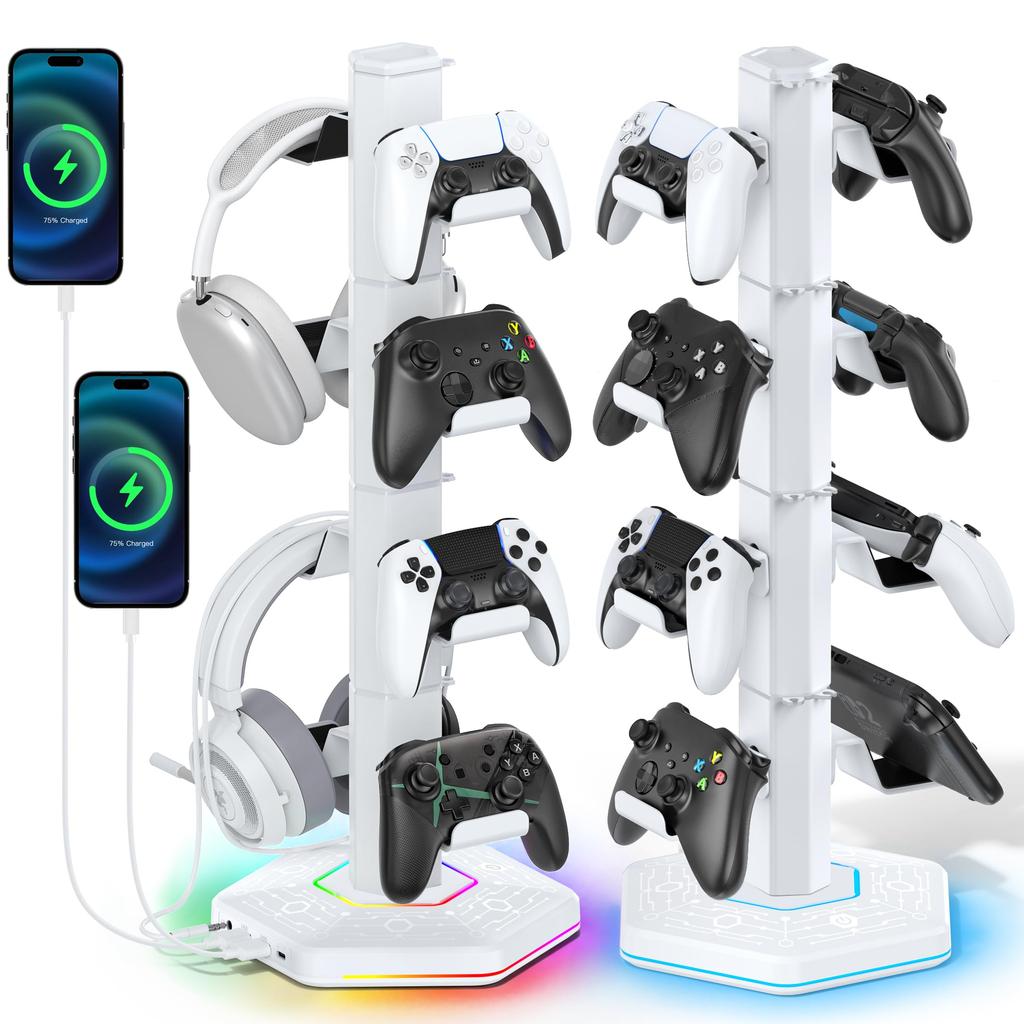 Game Controller Storage Stand, 4-Tier, RGB Lighting, Headphone Holder, Controller Storage Rack, Holds 8 Controllers, Universal Compatible with