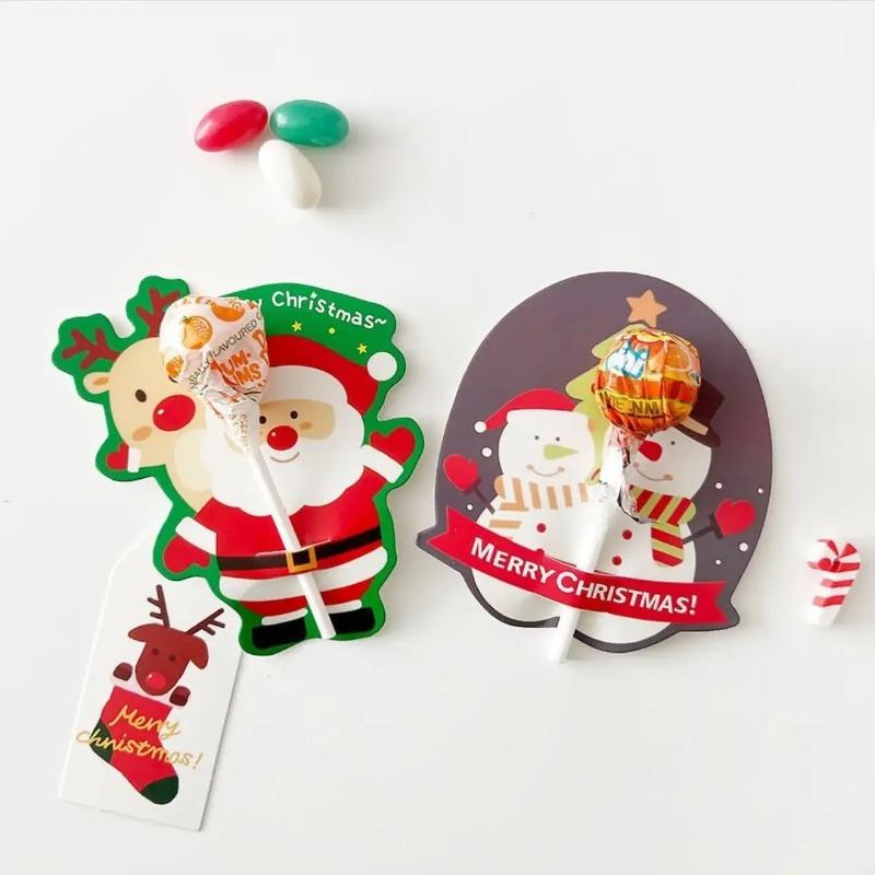 50Pcs Cute Cartoon Christmas Lollipop Decorative Cardboard Holiday Party Christmas Atmosphere Candy Packaging DIY Decoration