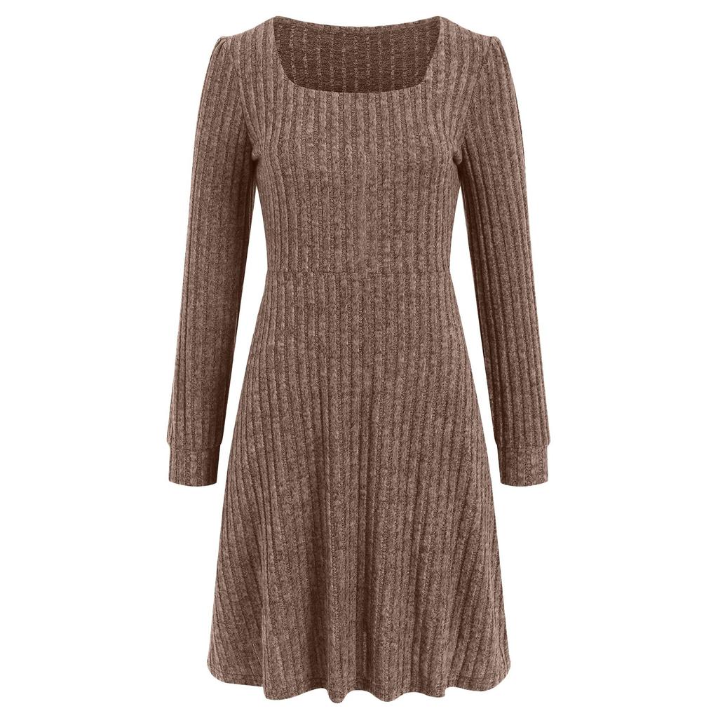 Женское трикотажное платье с длинными рукавами и карманами, квадратный вырез, облегающие платья, однотонное трикотажное элегантное платье для женщин