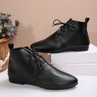 Модные женские ботильоны однотонные кожаные 2024 осенняя мода острый носок шнуровка плоская подошва ботинки для женщин повседневные ретро швейные туфли