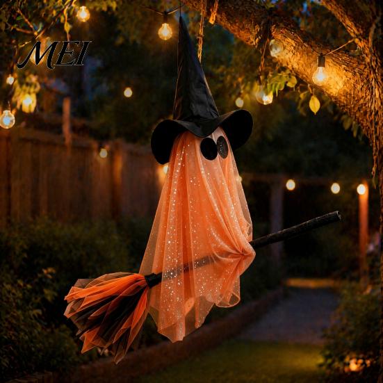 Festive Party Atmosphere Accessory Halloween Ghost Witch Broom Hanging Ornament, Spooky Hat Floating Prop Pendants for Indoor Outdoor Haunted
