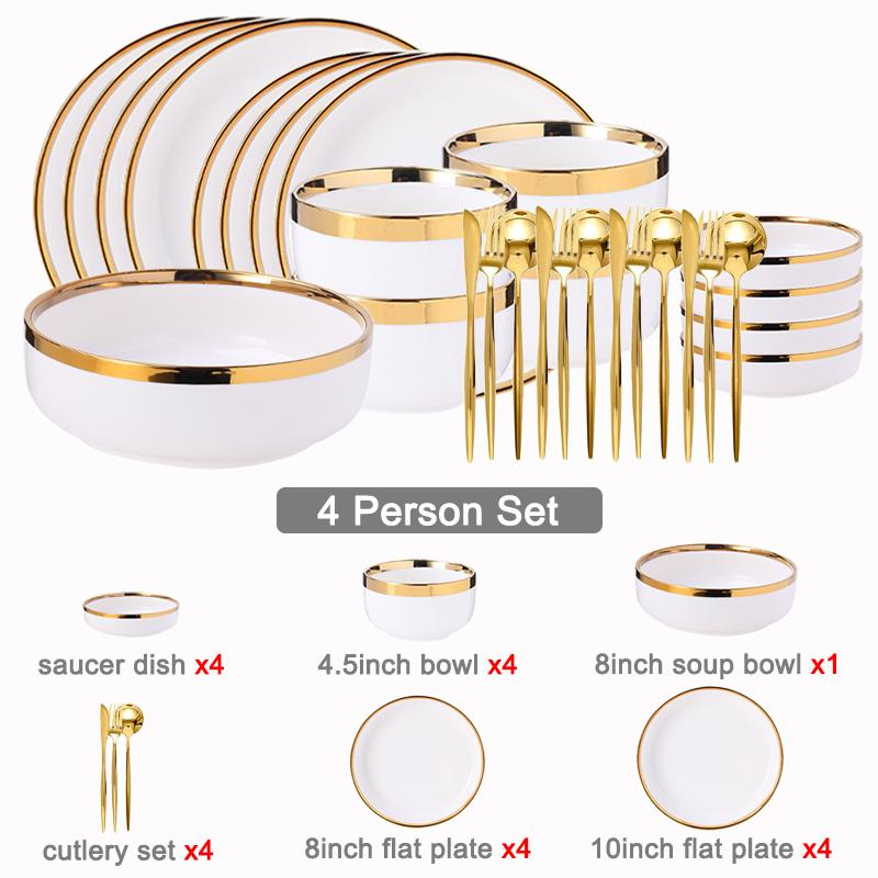 Керамический набор посуды на 4 персоны. Белый фарфоровый обеденный набор с соусом. Чаша для хлопьев. Десертная тарелка. Обеденная тарелка. Набор столовой посуды.