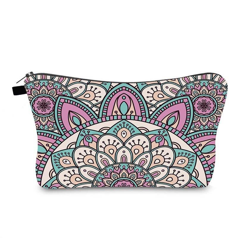 Trendy Vintage Mandala Flower Makeup Bag Handbag For Travel Polyester Lining Various Color Options