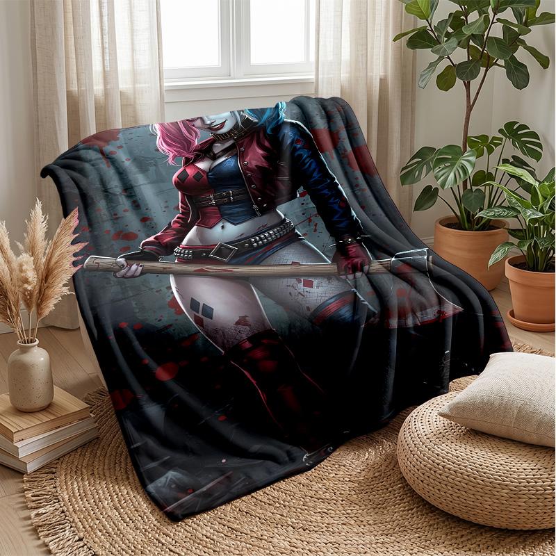Harley Quinn Printed Flannel Blanket Skin Friendly Warm Decorative Throw for Indoor Couch Bed Daily Use
