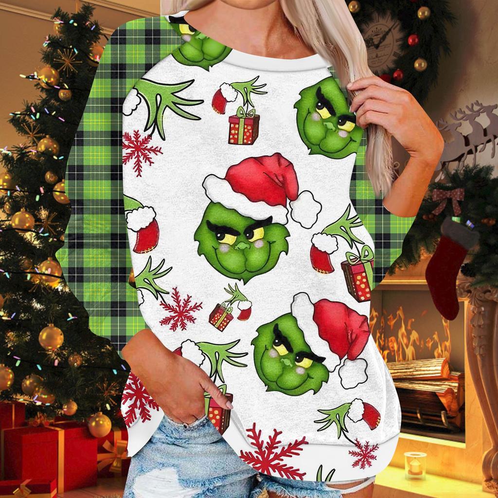 Женская модная повседневная толстовка с круглым вырезом и длинным рукавом с рождественским принтом и рукавом реглан