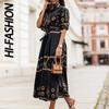 HI-FASHION Retro Shirt Dress Women Casual Half Sleeve Loose Maxi Dress Elegant Button Belt High Waist Long Beach Party Dress
