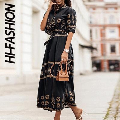 HI-FASHION Ретро платье-рубашка женское повседневное свободное платье макси с коротким рукавом элегантное длинное пляжное платье с высокой талией и поясом на пуговицах