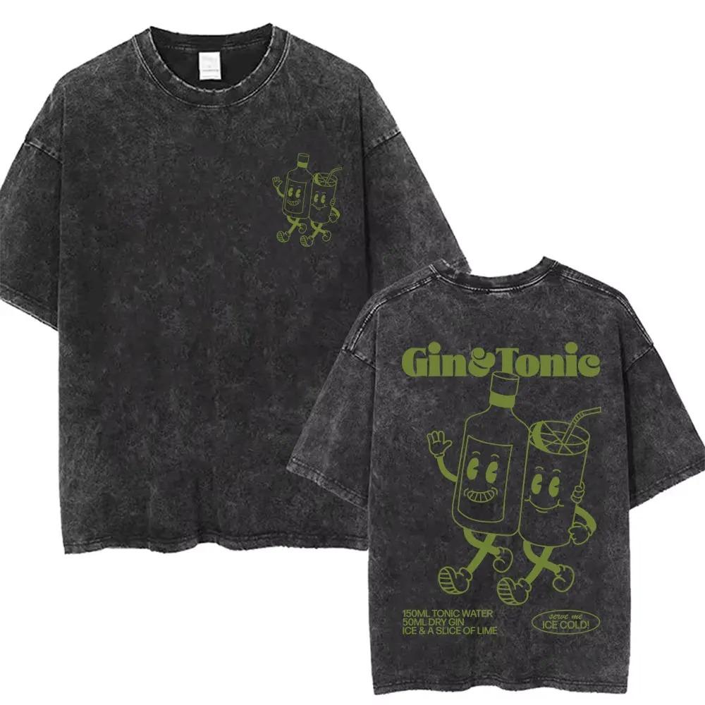 Oversized Acid-Wash Vintage Short-Sleeve T-Shirt Featuring Long Island Iced Tea Cocktail Graphic & Recipe Double-Sided Print