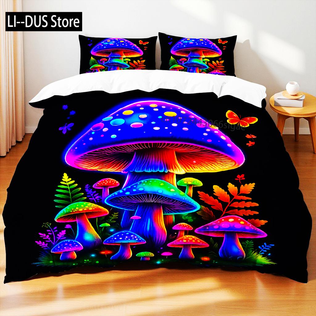 Постельное белье с грибной тематикой Разноцветные грибы Листья Бабочки Натуральный стиль Пододеяльник размера Queen Простыня Наволочки Домашний текстиль