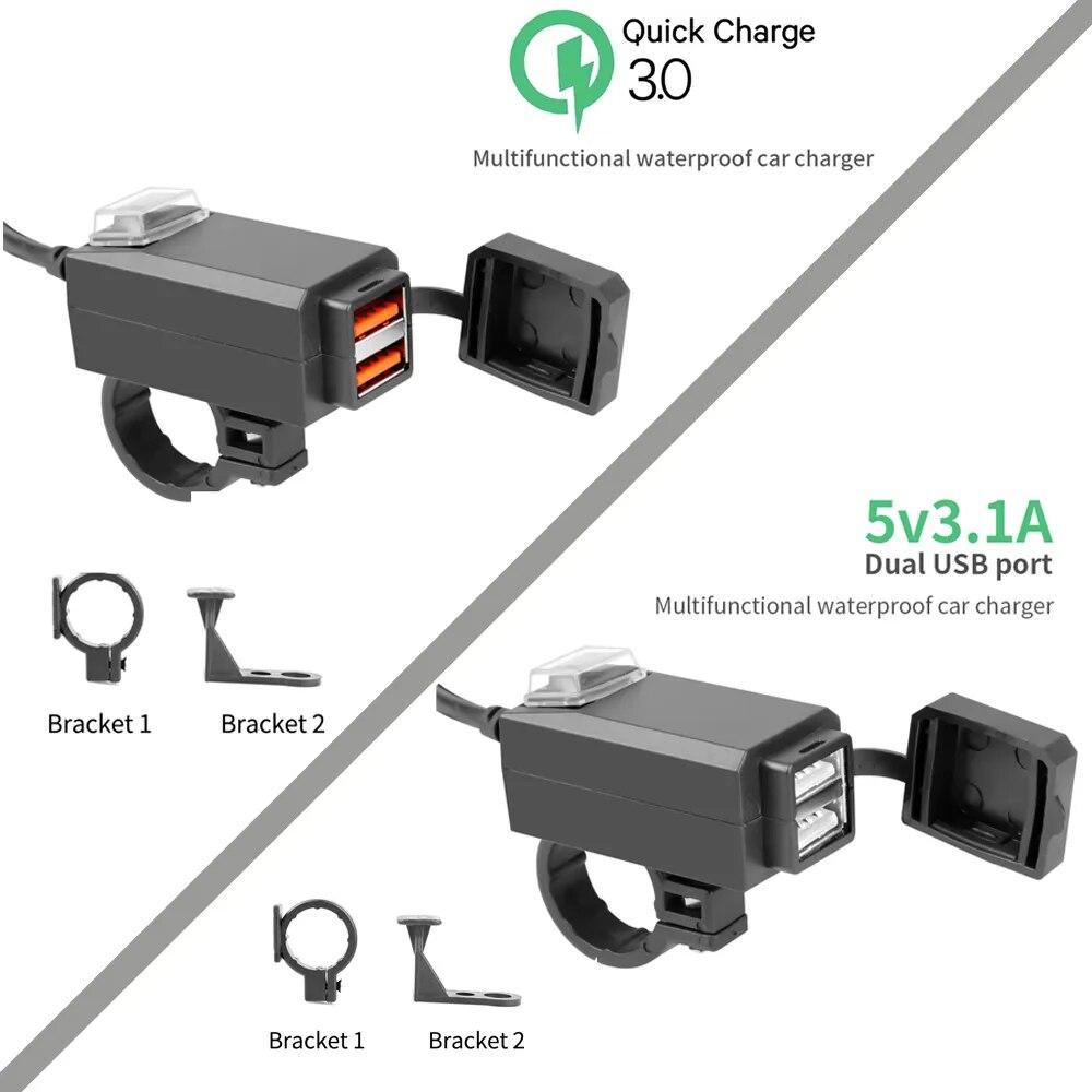 12 В-24 В USB-зарядное устройство для мотоцикла QC3.0/3.1A, двойной USB-порт, водонепроницаемый адаптер для зарядного устройства на руль мотоцикла с переключателем, аксессуары для мотоциклов