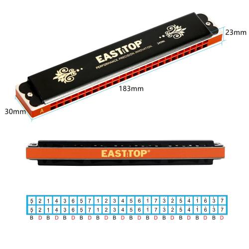 EAST TOP 24-Hole Tremolo Harmonica In A Key, Stainless Steel, with Leather Case, Cleaning Cloth, and Airtight Design for Beginners and Advanced Player