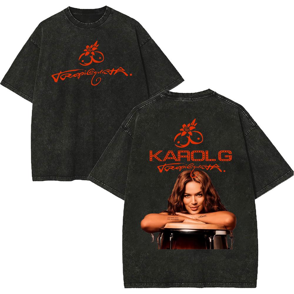 Vintage Washed Karol G Tropicoqueta Tour 2026 Tshirts Men Women Fashion Pop Music T Shirt Summer Casual Loose Cotton Tshirt