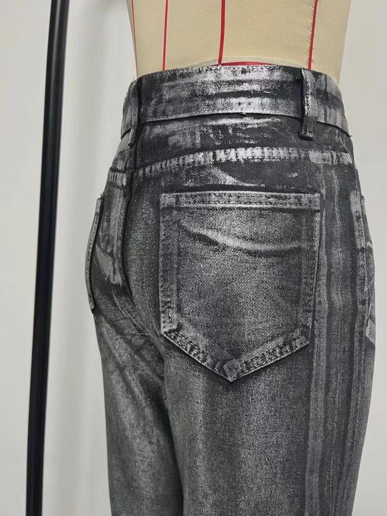 Европейские и американские женские джинсы прямого покроя с высокой талией и яркой серебристой отделкой на осень